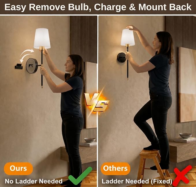 IRONPAX Wall Sconces Battery Operated Set of 2, Wireless Rechargeable Wall Sconce Set of Two, Dimmable Wall Lights with Remote for Bedroom Living Room Hallway Decor (Black-Gold, Fabric Shade)