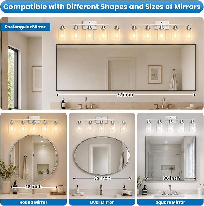 Ascher 5 Light Bathroom Light Fixture, Brushed Nickel Bathroom Lighting Fixtures Over Mirror, Vanity Light with Clear Glass Shade, Wall Sconce for Living Room Bedroom Cabinet, E26 Base
