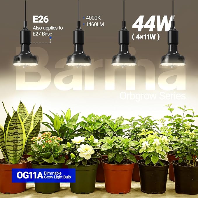 Barrina OG11A Grow Light Bulbs for Indoor Plant, 4000K 11W, 4 Packs, Black | Integrated Dimming & Timing, E26 Plant Light Bulb, Full Spectrum, High PPFD for Seeds and Greens