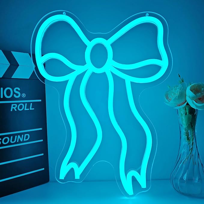 Blue Bow Neon Sign for Wall Decor Bow Led Neon Lights for Coquette Room Decor Dimmable Light up Sign for Bedroom Wall Bow party decorations Girls Room Birthday Christmas Gifts With USB Power
