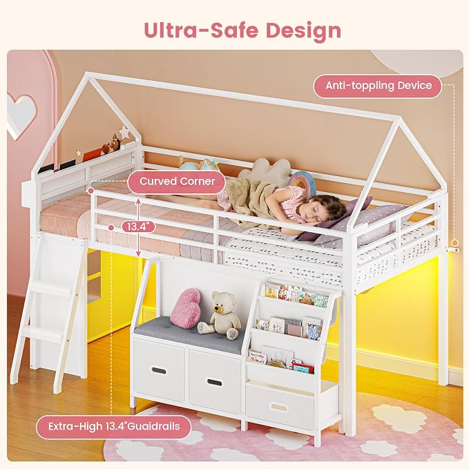ADORNEVE Low Loft Bed Twin Size with Bookshelf, Reading Nook & 3 Drawers | Kids Loft Bed, LED, Storage Drawers, Beside Box, Under-Bed Play Space,Safety Guardrail, Inclined Ladde, Play Curtain, White