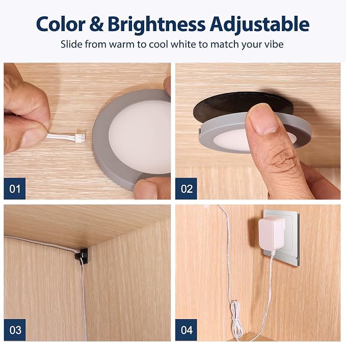 V4light Wired LED Puck Lights, Under Cabinet Lighting Touch Dimmer, 6 Pack | Ultra-Thin 6mm Dimmable, 2700K-6500K, Plug-In Powered, Easy Install, for Kitchen, Pantry, Closet, Counter & Display