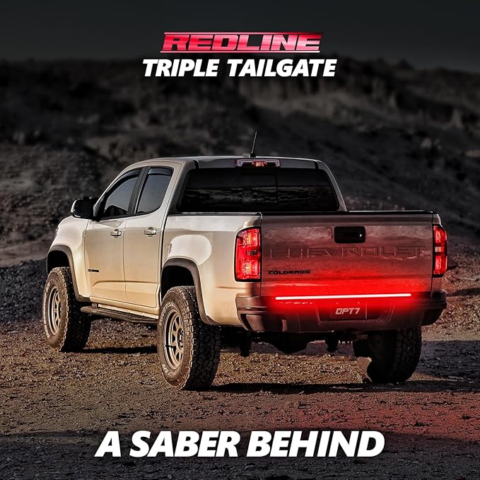 OPT7 Redline 48" Aluminum Truck Tailgate Light Bar w/Sequential Red Turn - Weatherproof Rigid 1-Piece Triple Row LED Strip - Dynamic Taillight w/White Reverse - Fits Tacoma, Colorado, Frontier, Canyon