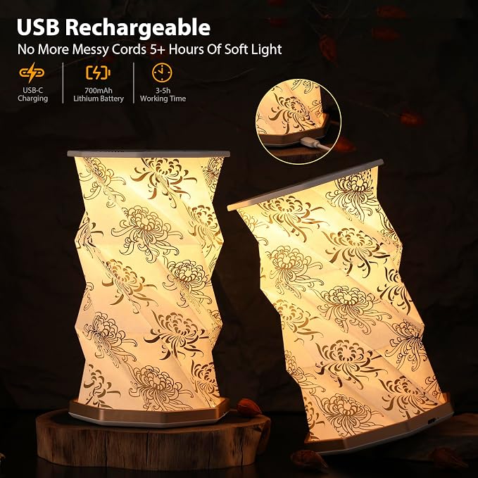 Birthday Flower Folding Lamp, Paper Lantern Lights, Japanese Gifts | Rechargeable Paper Light, Elegant Gift Box – Ideal Anniversary, Birthday Gift for Women, Mom, Grandma-White Chrysanthemum