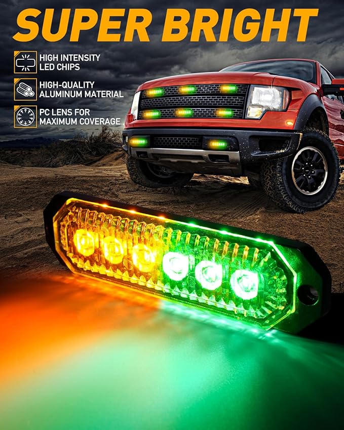HLauto 406T Emergency Strobe Grille Lights: 4Pcs 6 LED Sync Feature Safety Warning Flashing Light, 12V-24V Ultra Slim Surface Mount Hazard Caution Light for Truck, Vehicle, Car, ATV, UTV (Amber Green)