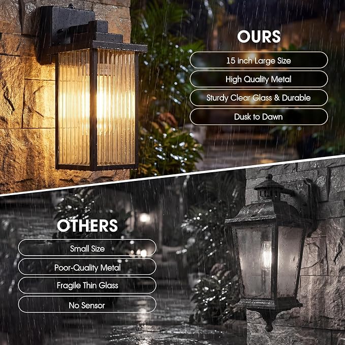 2Pack 15-Inch Dusk to Dawn Outdoor Wall Light, Black All-Metal Frame | Auto On at Dusk, Off at Dawn. Textured Glass. Waterproof Rust-Resistant Metal. Pre-Assembled DIY Install