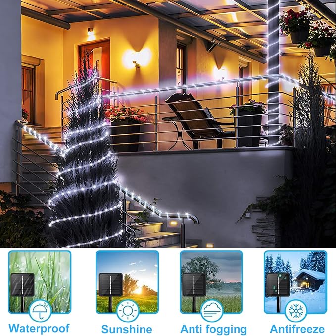 Solar Rope Lights, 50 Feet 500 LED 8 Modes Solar Rope String Lights Outdoor Fairy Lights Waterproof Tube Lights with Solar Panel for Outdoor Indoor Home (500LED, Cool White)