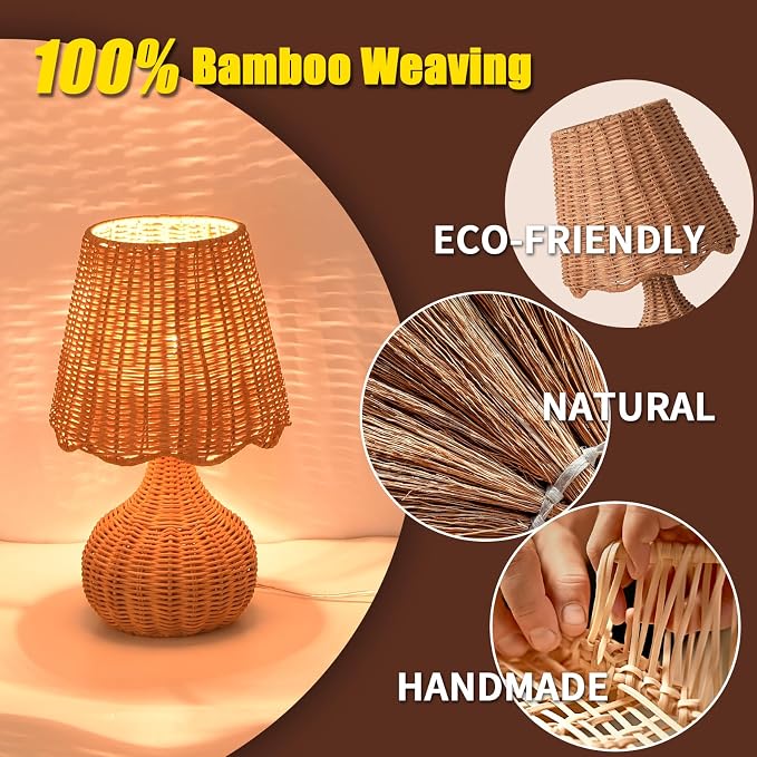 Ziqqeelam Rattan Table Lamp for Bedroom, Boho Small Table Lamps for Bedside, Farmhouse Mini Small Table Lamps for Small Spaces for Kitchen Counter, Bookshelf, Nightstand, Bedroom, Kids Dorm