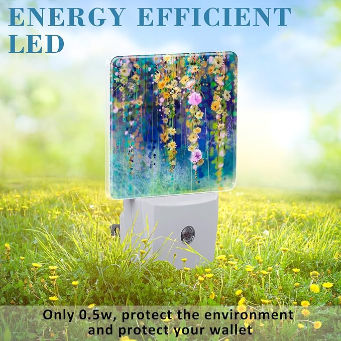 Abstract Ivy Flowers Watercolor Painting Night Light Plug into Wall with Dusk to Dawn Sensor Cute Nightlight for Kid Girls Boys Women Room Decor, Hallway, Kitchen, Bathroom, Nursery, Stairs