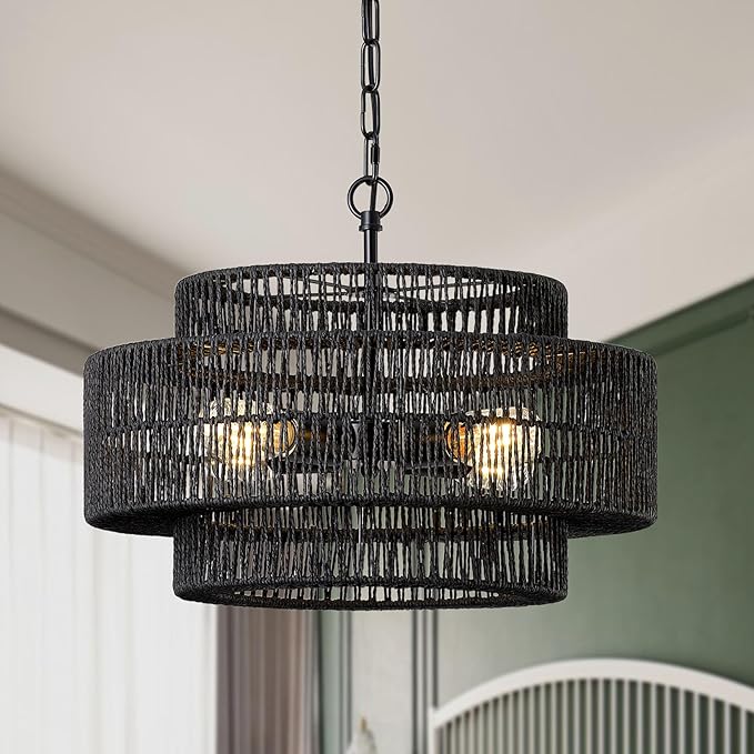 17.7" Black Large Boho Rattan Chandeliers for Dining Room, 4-Light Rattan Hand-Woven Farmhouse Drum Chandelier Pendant Light Fixture for Kitchen Island Bedroom Living Room Entryway Foyer