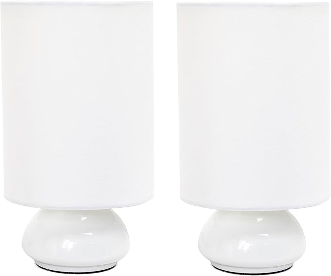 Simple Designs LT2043-WHT-2PK 9" Gemini 2 Pk Contemporary 4 Settings Touch Metal Mini Round Table Lamp Set w Fabric Shades for Décor,Nightstand,End Table,Bedroom,Living Room,Office,Foyer, WHT