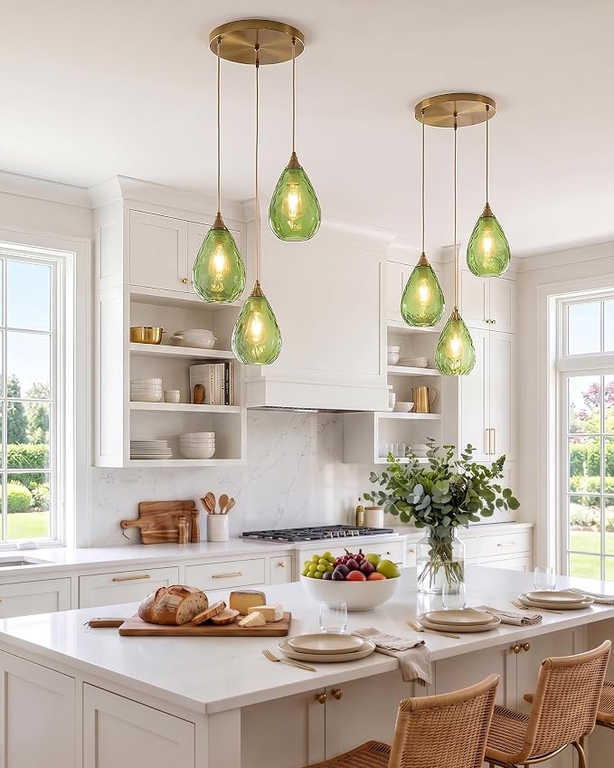 Brushed Gold 3-Light Pendant Lighting, Modern Dining Room Light Fixture Over Table with Green Hammered Glass, Cluster Hanging Lights for Kitchen Island Dining Room
