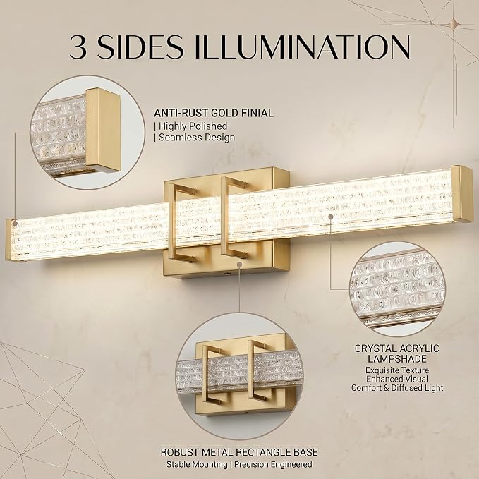 URSOLA 36" Modern LED Bathroom Light Fixtures, Golden 3CCT Dimmable Bathroom Vanity Light Over Mirror, Bathroom Vanity Bath Bar Lights with Crystal Acrylic Shade