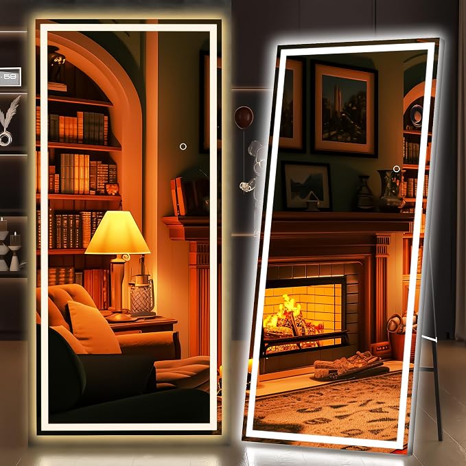 Hasipu Full Length Mirror with Lights, 71" x 27.6" LED Lighted Floor Standing, Full Body Dressing Hanging Mounted Mirror, Tempered Glass, Square Black
