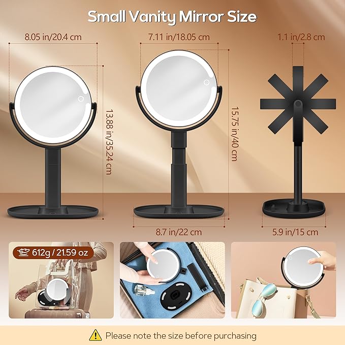 Makeup Mirror with Lights, Lighted Magnifying Mirror 30X with 3 Lighting and Adjustable Brightness, 2-Sided Height Adjustable Vanity Mirror for Bathroom, Gifts for Women Black