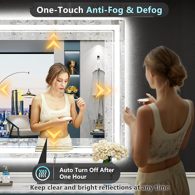 36x36 LED Bathroom Mirror, Backlit & Front Lit Lighted Mirror | Anti-Fog Vanity Mirror with Lights, 3 Color Dimmable, Memory, HD Tempered Glass, CRI95, IP54, UL Listed, Horizontal/Vertical