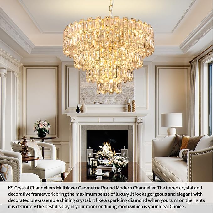 32" Luxury Crystal Chandelier for Dining Room, Modern Ceiling Light, French Empire Style with Premium K9 Crystals, Elegant Chrome Finish, Perfect for Living Room or Bedroom, 21-Light Fixtur (Gold)