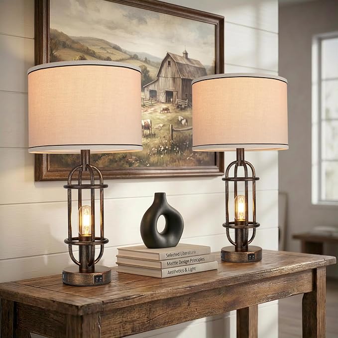 Reaketon Table Lamps for Living Room Set of 2, 22.3" Farmhouse Lamps for Nightstand, Industrial Table Lamps for Bedroom with USB Ports, Retro Bronze