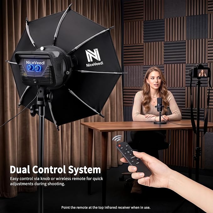 Niceveedi Softbox Lighting Kit, 2700-6500K LED Photography Lighting with 16.5” Quick-Release Softbox/Bowens Mount/Cooling System/Remote/Tripod, 90W Video Light for Video Recording/Streaming/Portraits