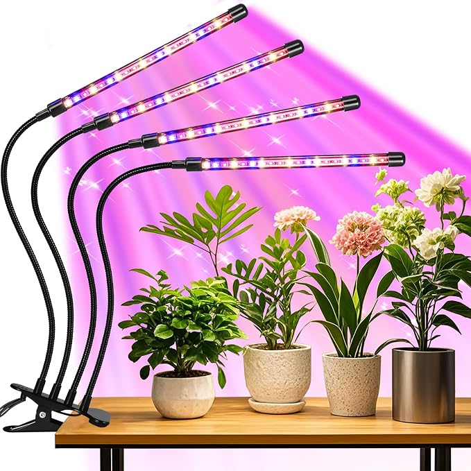 4 Head LED Plant Grow Light, Full Spectrum Clip on Plant Growing Light with Red, Blue, Yellow Beads, 10 Brightness Levels, 3 Light Modes, 3/9/12H Auto Timer,Suitable for Indoor Plants