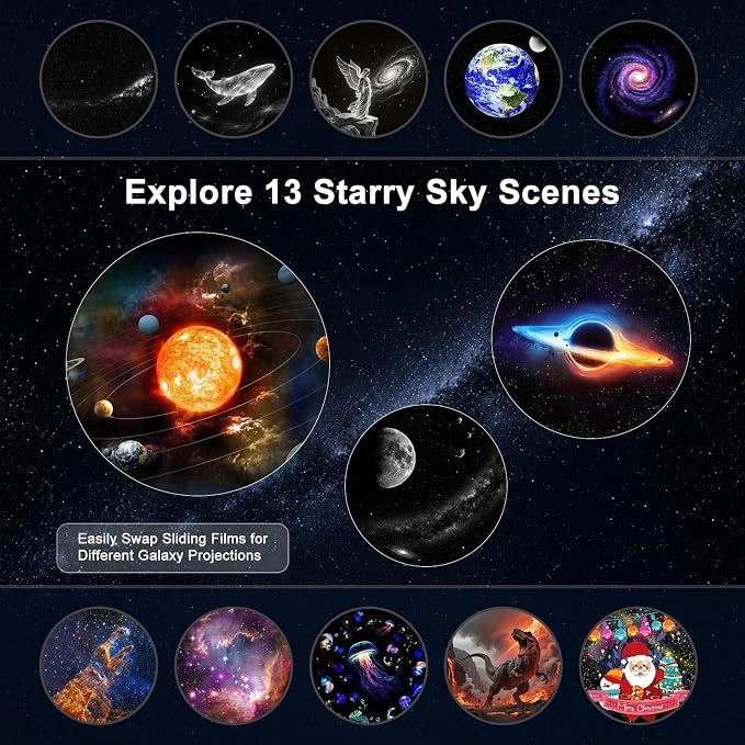 2-in-1 Galaxy Projector Night Light with 13 Films, USB Star Projector | Multicolour LED Light, 360° Rotating Projection, Adjustable Brightness, Easy Controls, Eye-Friendly Light, Ideal for Bedroom