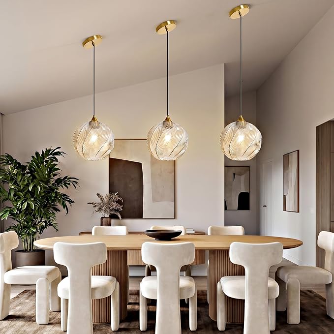 Amber Glass Pendant Lights Kitchen Island Gold Hanging Ceiling Light 9.84" | 1 Pack, Adjustable height, Dimmable, E26 bulbs, Rust-resistant Damp Rated For Bathrooms, 5-Year Warranty, UL Certification