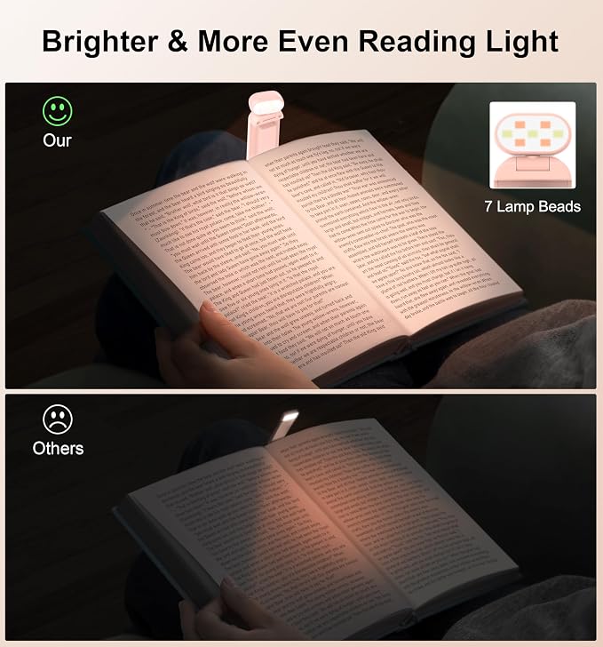 Gritin Reading Light, Rechargeable Book Light for Reading in Bed | Eye Caring 3 Color Temperatures, 5-Level Dimmable Brightness, Long Lasting, Compact Size Clip on Book Lamp for Bookworms-Pink