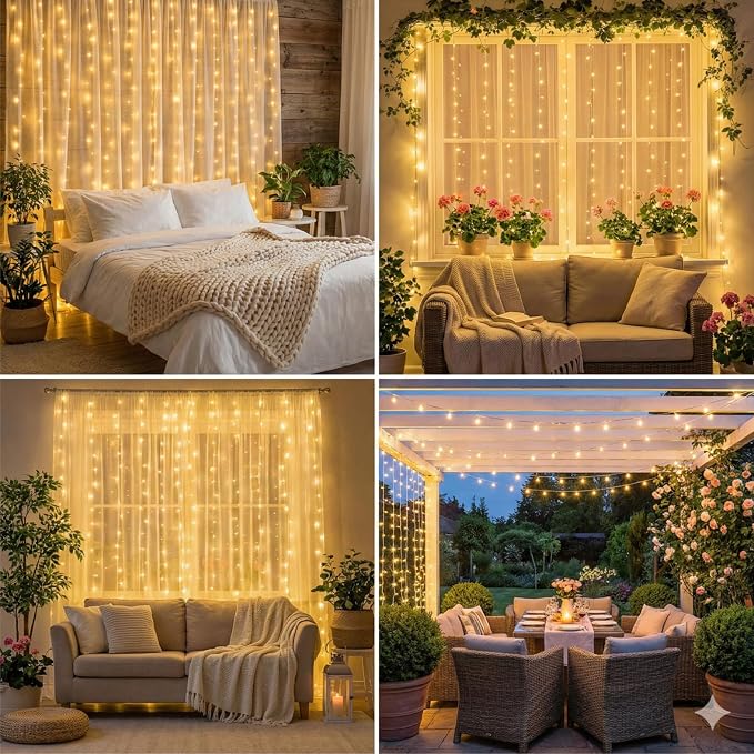 Curtain String Light, 300LED 9.8x9.8ft, Remote & 8 Modes, USB | Window Wall Hanging String Lights, For Bedroom, Wedding, Party, Home, Garden and Indoor Decorations, Warm White