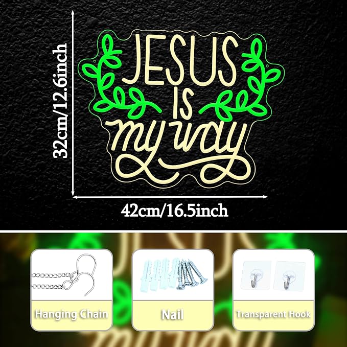 Jesus Is My Way Neon Sign Dimmable Led Jesus Quote Sign Christian Letter Light Sign for Bedroom Christ Church Easter Wedding Decor