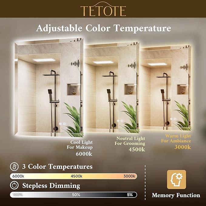 TETOTE 72 x 36 Large LED Mirror Backlit, Beveled Bathroom Mirror with Backlight, Tempered Glass, 3 Colors Lights, Defogger, Adjustable Brightness, Smart Mirror, Frameless Vanity Mirror for Wall