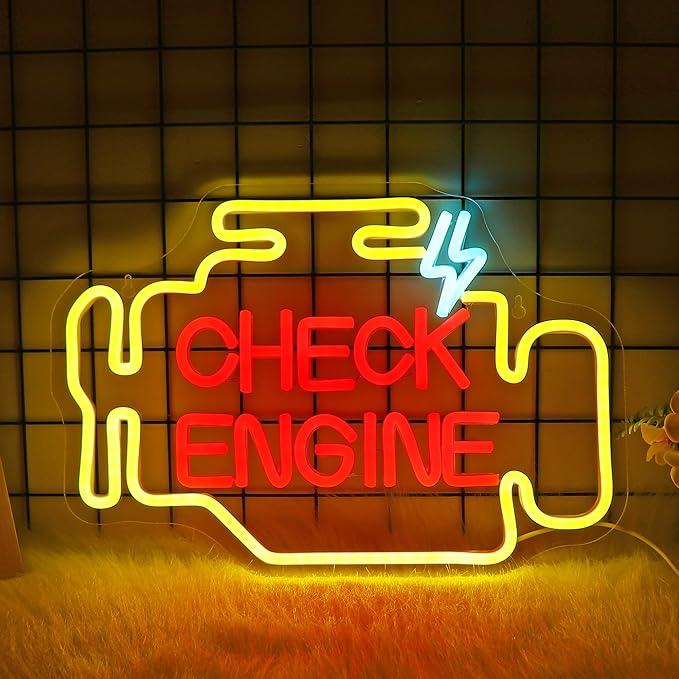 Check Engine Neon Sign, JGHTURIE Man Cave Neon Signs for Wall Decor Garage Car Room Yellow Light Up Sign Auto Repair Workshop Led Signs USB Powered