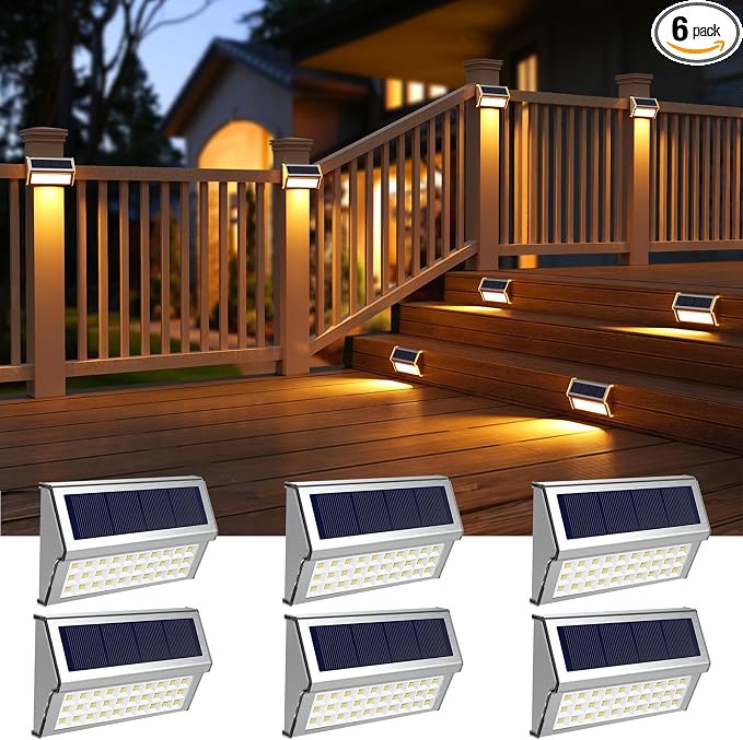 ROSHWEY Solar Deck Lights, 6 Pack 30 LED Stainless Steel Outdoor Deck Lights Solar Powered, IP65 Waterproof Step Light for Outside, Outdoor Decor for Backyard Fence, Step, Stair, Warm White Light