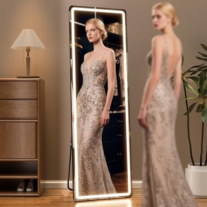Full Length Mirror with Lights, 56" x 15.8" LED Lighted Floor Standing Body Mirror, Dimmable & 3 Color Lighting for Cloakroom, Dressing Room, Tempered Glass, Rounded Corner Black