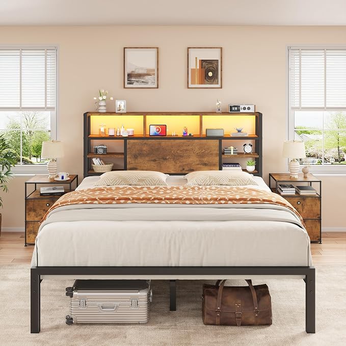 Homkdom Queen Bed Frame with Storage Headboard and Charging Station,Brown | LED Lights，12.2" Under-Bed Storage，Supports up to 1100 LBS，No Box Spring Needed，Noise-Free,Easy Assembly
