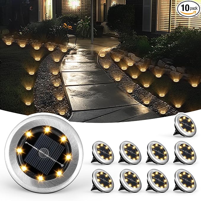 SOLPEX 10 Pack Small Solar Ground Lights, Pathway Lights Warm White | Stainless Steel Solar Powered Walkway Lights Waterproof, Landscape Lighting for Driveway, Garden, Backyard, Patio