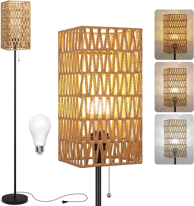 Ruiever Floor Lamp for Living Room,Farmhouse Floor lamp,Modern Standing lamp with Hand-Worked Rattan Shade (Square Shade-3 Color Blub)