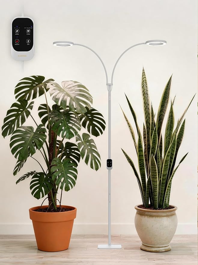 36W Grow Lights for Indoor Plants,Full Spectrum LED Plant Light with Stand | Dual Heads, Adjustable Height and Angle, 3/9/12H Timer, Dimmable, 3 Modes Floor Plant Growing Lamp for Indoor Growing, White