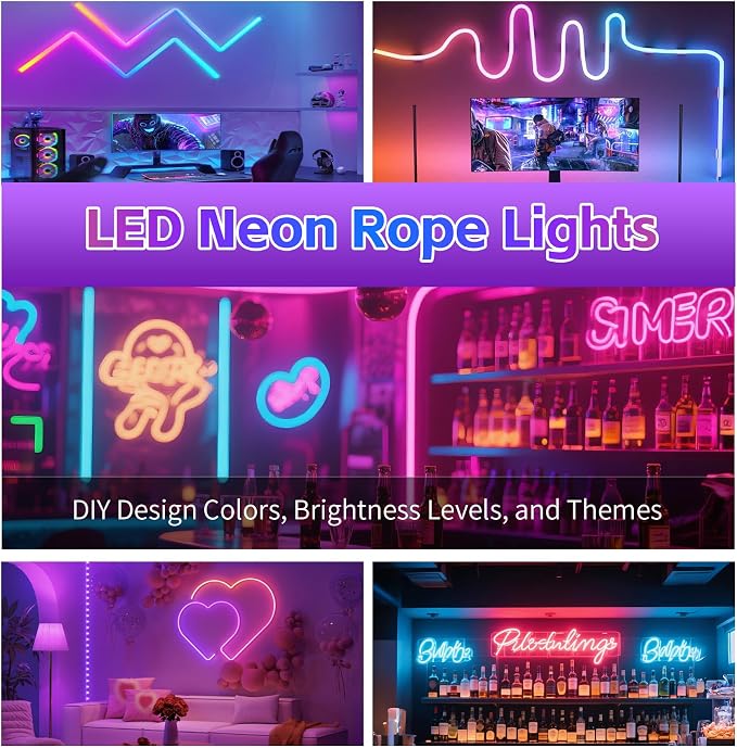 20FT RGB LED Neon Rope Lights, App & Remote Control, Flexible Waterproof IP65 Led Strip Lights, Music Sync Color Changing Multiple Modes Neon Lights for Bedroom Gaming Room Indoor & Outdoor Decor