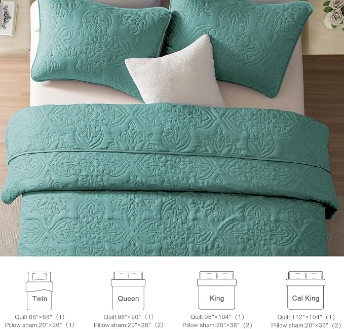 Whale Flotilla King Quilt Bedding Set Vintage Damask Reversible Bedspread | Suitable for Bed, 3 Pieces Turquoise Green Lightweight Breathable Quilt King Size, Ultrasonic Coverlet with 2 Pillow Shams