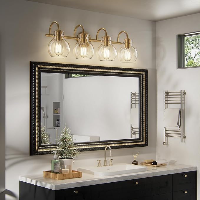 4-Light Gold Bathroom Vanity Light Fixtures, 24 Inch Over Mirror with Clear Glass Shade Wall Mounted Sconces for Bathroom, Living Room, Hallway, E26 Base