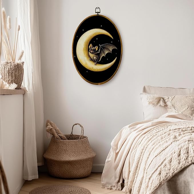 zewepri Bat Crescent Moon Oval Wall Art, Gothic Cottagecore Decor, 8.5x11.5 | Whimsical bat on crescent moon with stars adds moody charm to bedrooms, bathrooms, living rooms, or gallery walls.