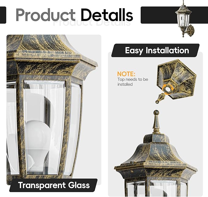 EMART Outdoor Front Porch Light, Exterior Anti-Corrosion, Waterproof Aluminum & Glass Shades Wall Lamp Fixture, Modern Sconce Lantern for Outside, House, Garage - 1 Pack, Gold （Bulb Included）