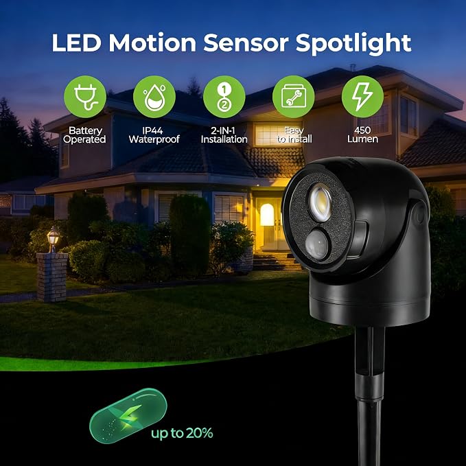 2-in-1 Outdoor Motion Sensor Light, Battery Powered LED Spotlight for Yard Garden Garage, Waterproof Security Landscape Light with Ground Stake & Wall Mount, 450LM, 3 Timer Modes(2 Pack)