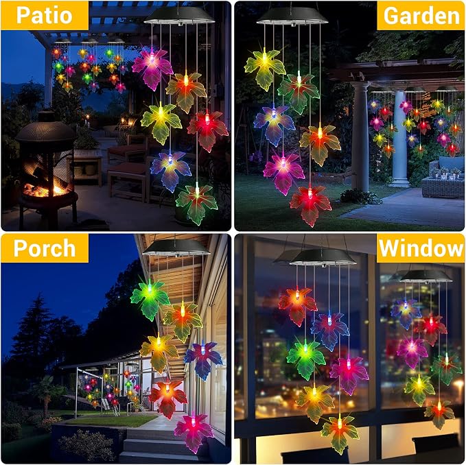 Toodour Solar Wind Chimes, Color Changing Maple Leaf Wind Chime | LED Mobile Wind Chimes, Waterproof Outdoor Wind Chime Lights for Garden, Patio, Party, Window, Thanksgiving