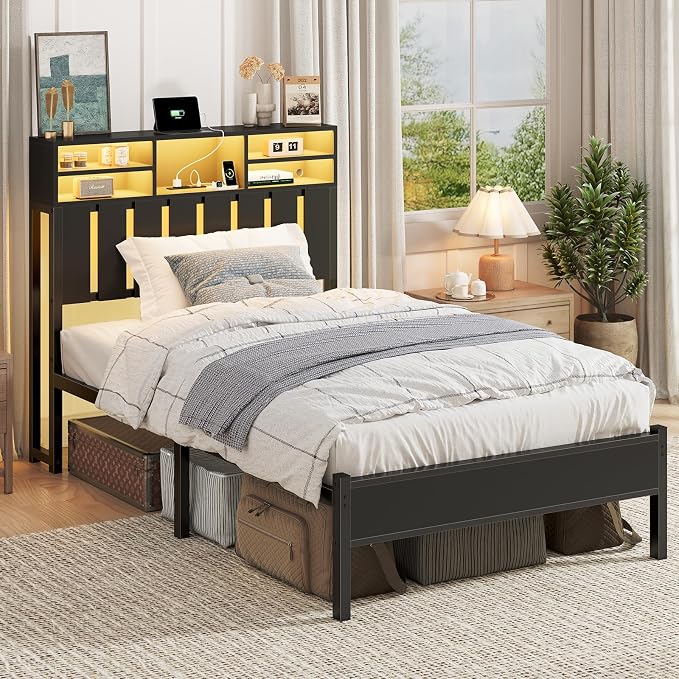 CSZZD Twin Size Bed Frame with Storage Headboard and LED Lights | Twin Bed with Charging Station & Storage Shelves, Black Metal Platform Bed with Under-Bed Storage, No Box Spring Needed