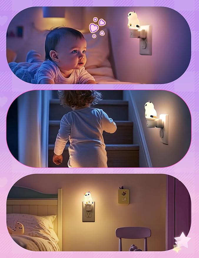 KINDEEP Night Light for Kid: Cute Cat Animal Nightlights Plug in Wall, RGB & Soft White 3000K with Dusk to Dawn Sensor, 3D Dim Night Light for Baby Nursery Room Bedroom Decor, 2 Pack Calico Cat