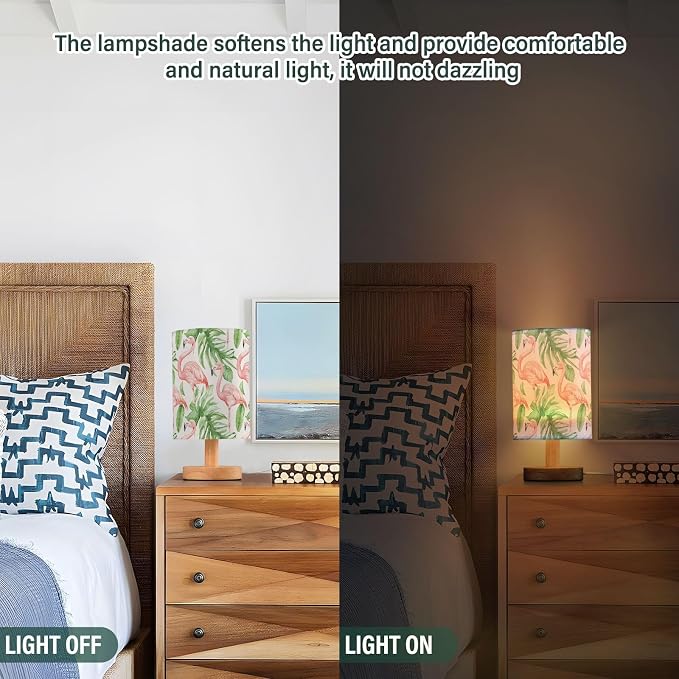 Light Pink Flamingos Tropical Leaves Bedside Table Lamps with USB Port for Bedroom Lamp Accent Table Lamp Small Nightstand Lamp Sturdy Linen Shade Wooden Decorative Lamps for Office Dorm Home