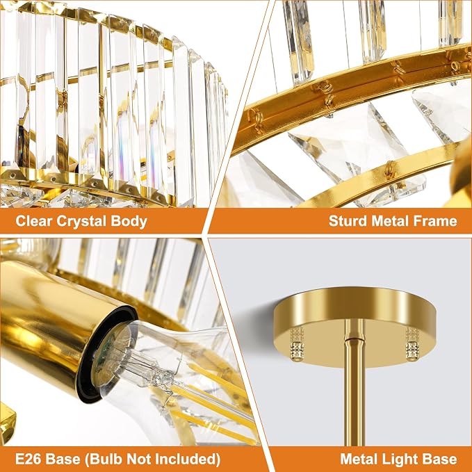 FRIDEKO HOME Gold Crystal Chandelier Ceiling Light - 4-Light Ceiling Light Fixture Modern Ceiling Mount Lights Chandelier for Dinning Room Bedroom Kitchen Entryway (14.56 Inch, Bulb not Included)