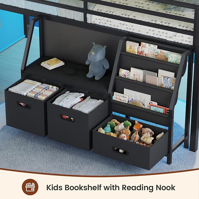 ADORNEVE Low Loft Bed Full Size with Bookshelf, Reading Nook & 3 Drawers | Black Kids Loft Bed, LED Light, Storage Drawers, Under-Bed Play Space,Safety Guardrail, Inclined Ladde, Play Curtain