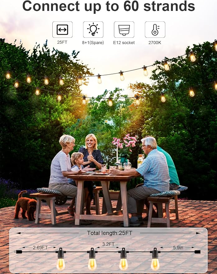 Svater Outdoor String Lights LED 25 FT, LED Patio Light Waterproof IP65 | Shatterproof S14 E12 Bulbs,Hanging Lighting for Outside Bistro Cafe Porch Party, ETL-Listed, Dimmable, Warm White